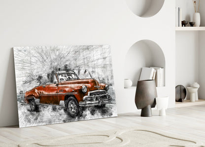 Sketched Red Vintage Convertible Car Glass Wall Art