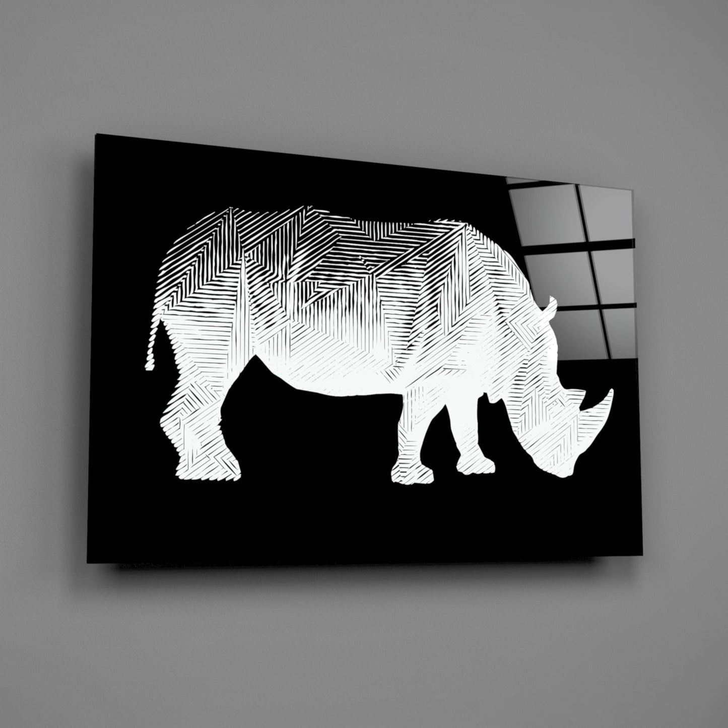 White Line Rhino on Black Glass Wall Art