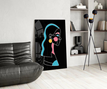Blue Hair Profile Woman Glass Wall Art