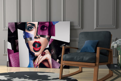 Glitter Collage Red Lips Glass Wall Art