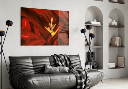Golden Bloom Dark Red Foliage Glass Wall Art