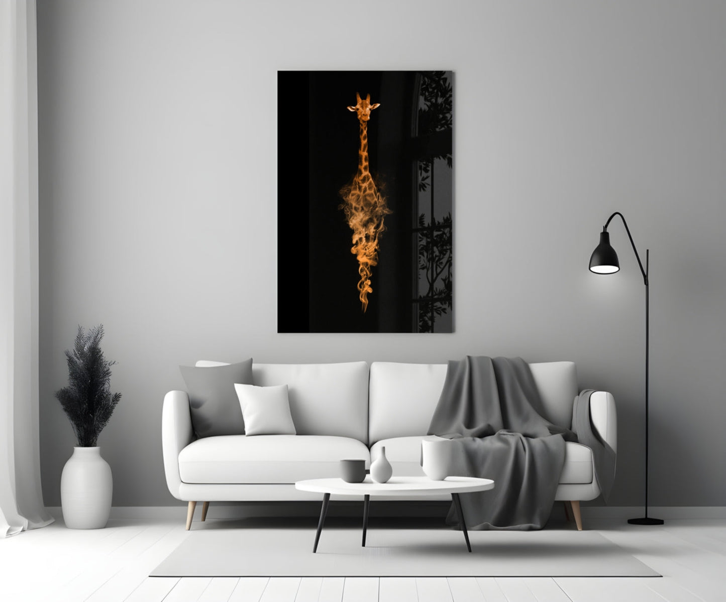Orange Smoke Giraffe Black Glass Wall Art
