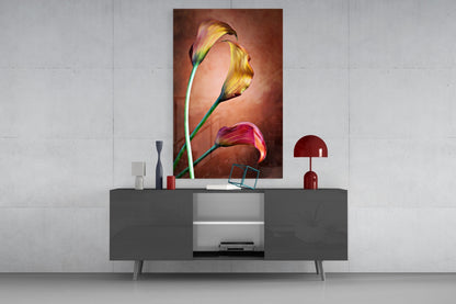 Golden Calla Lily Stems Glass Wall Art