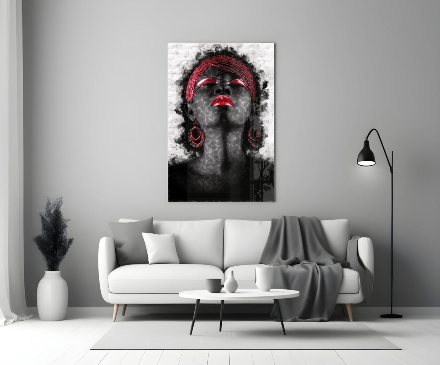 Red Headwrap Woman Ink Splatter Glass Wall Art