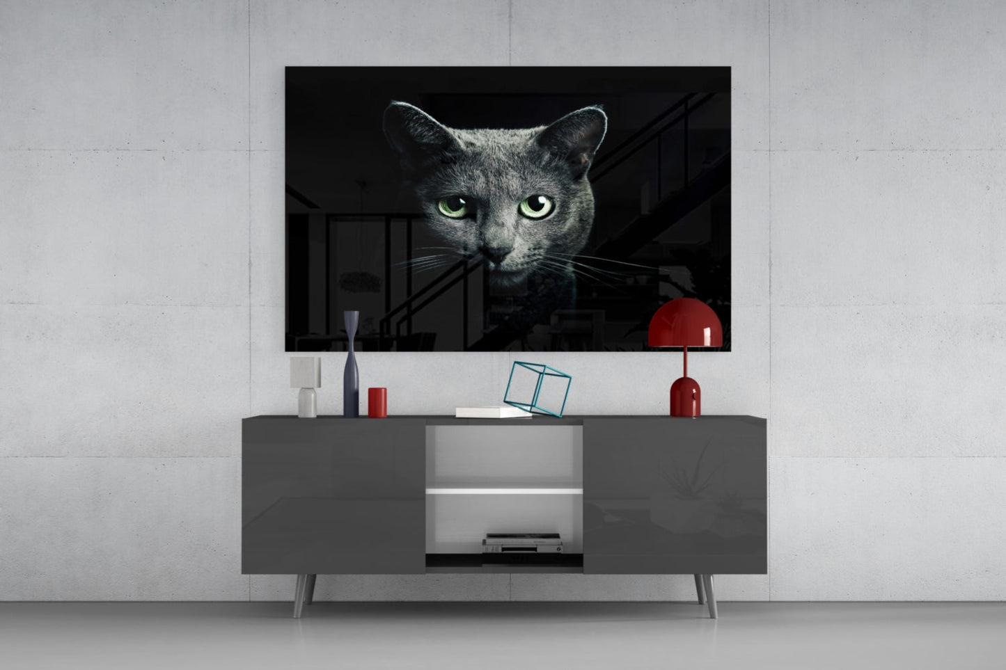Green Eyed Blue Cat Dark Glass Wall Art