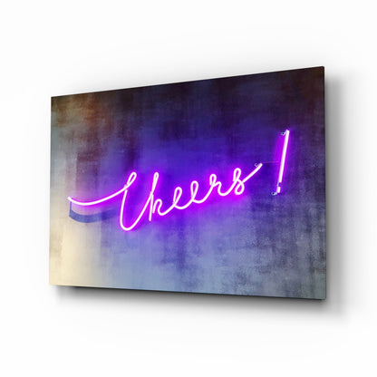 Purple Neon Cheers Script Sign Glass Wall Art