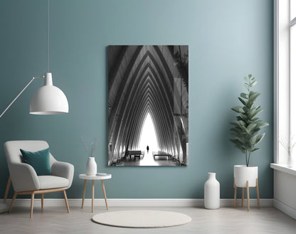 Black and White Arched Chapel Corridor Glass Wall Art