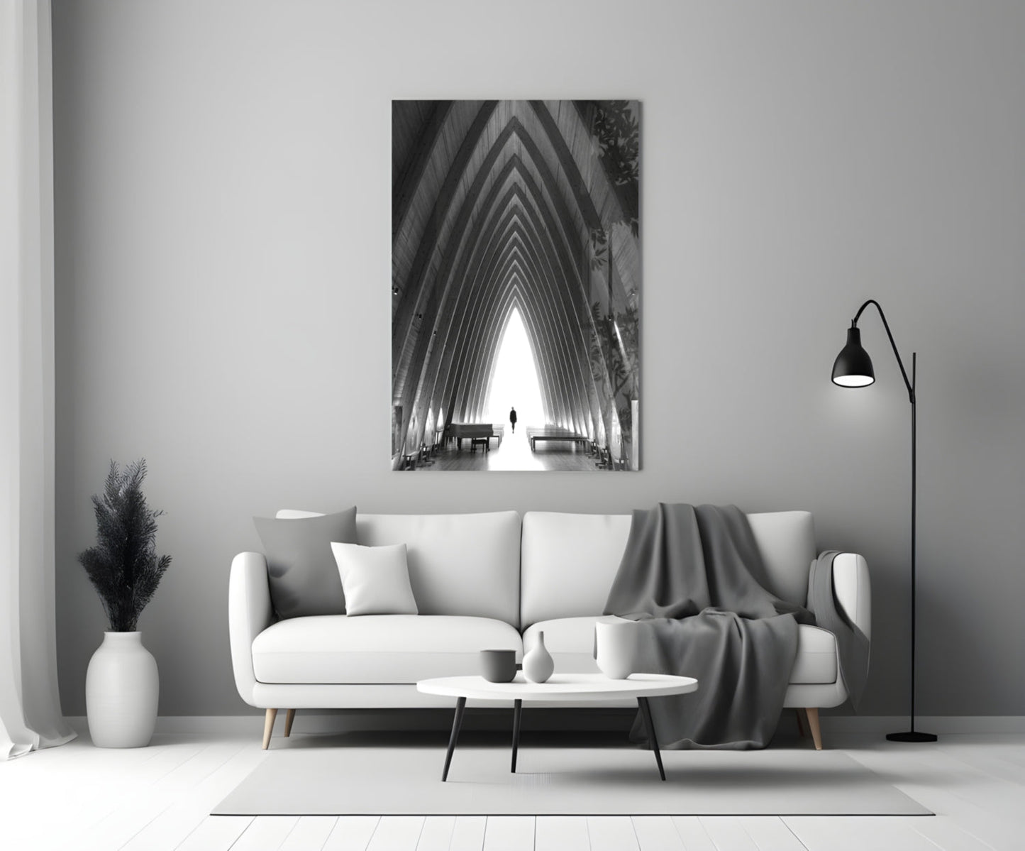 Black and White Arched Chapel Corridor Glass Wall Art