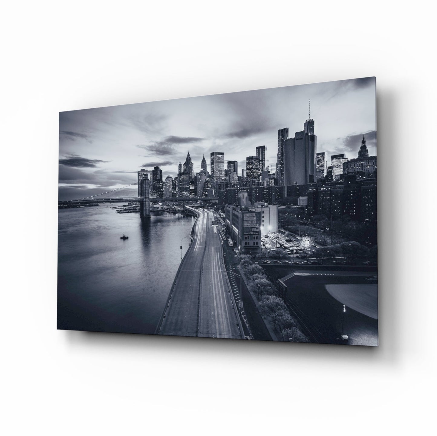Monochrome City Skyline Bridge Dusk Glass Wall Art