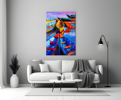 Vivid Blue and Red Painted Rowboats Glass Wall Art