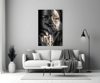 Cracked Gold Half Face Glass Wall Art