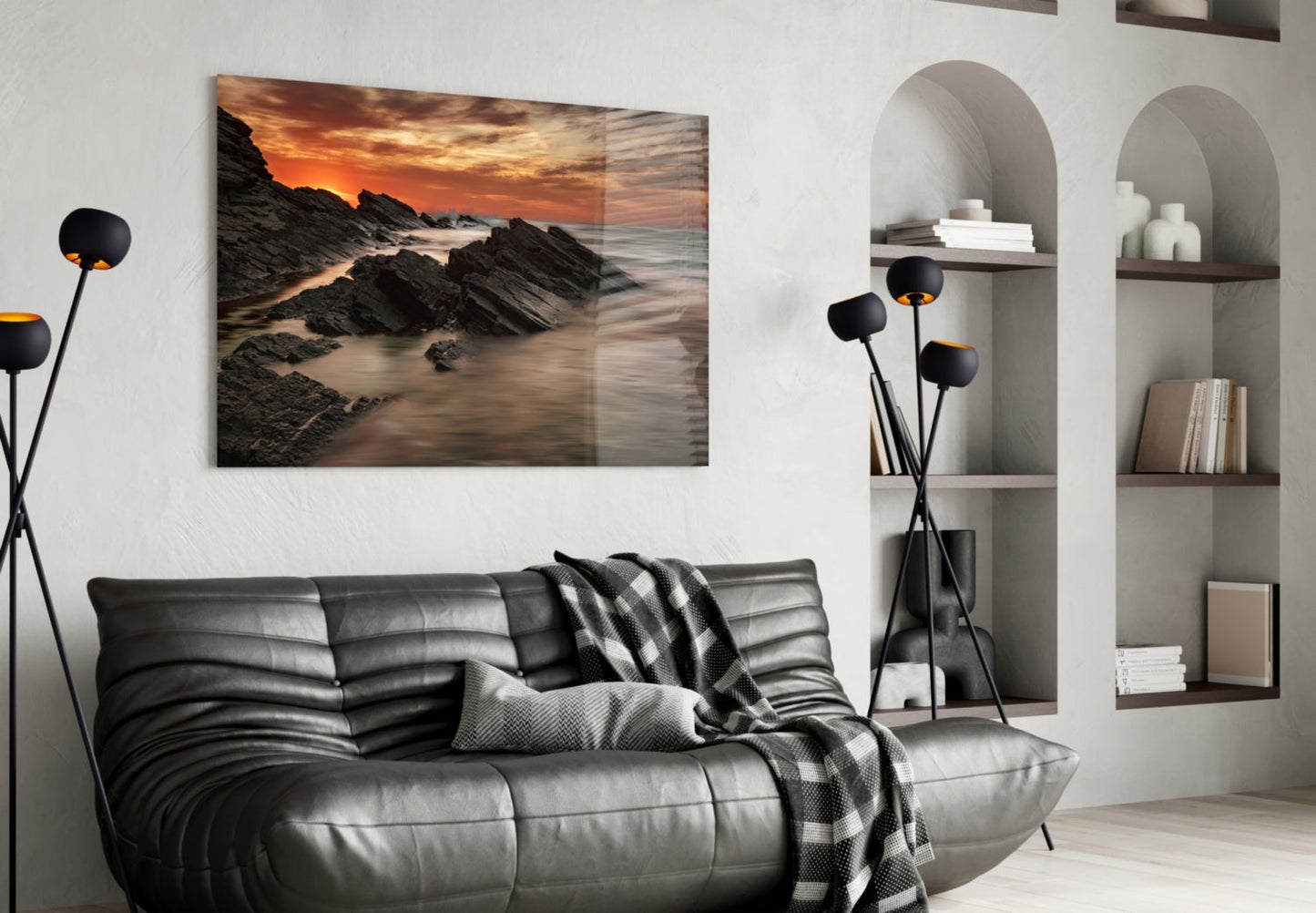 Fiery Sunset Rocky Coast Waves Glass Wall Art