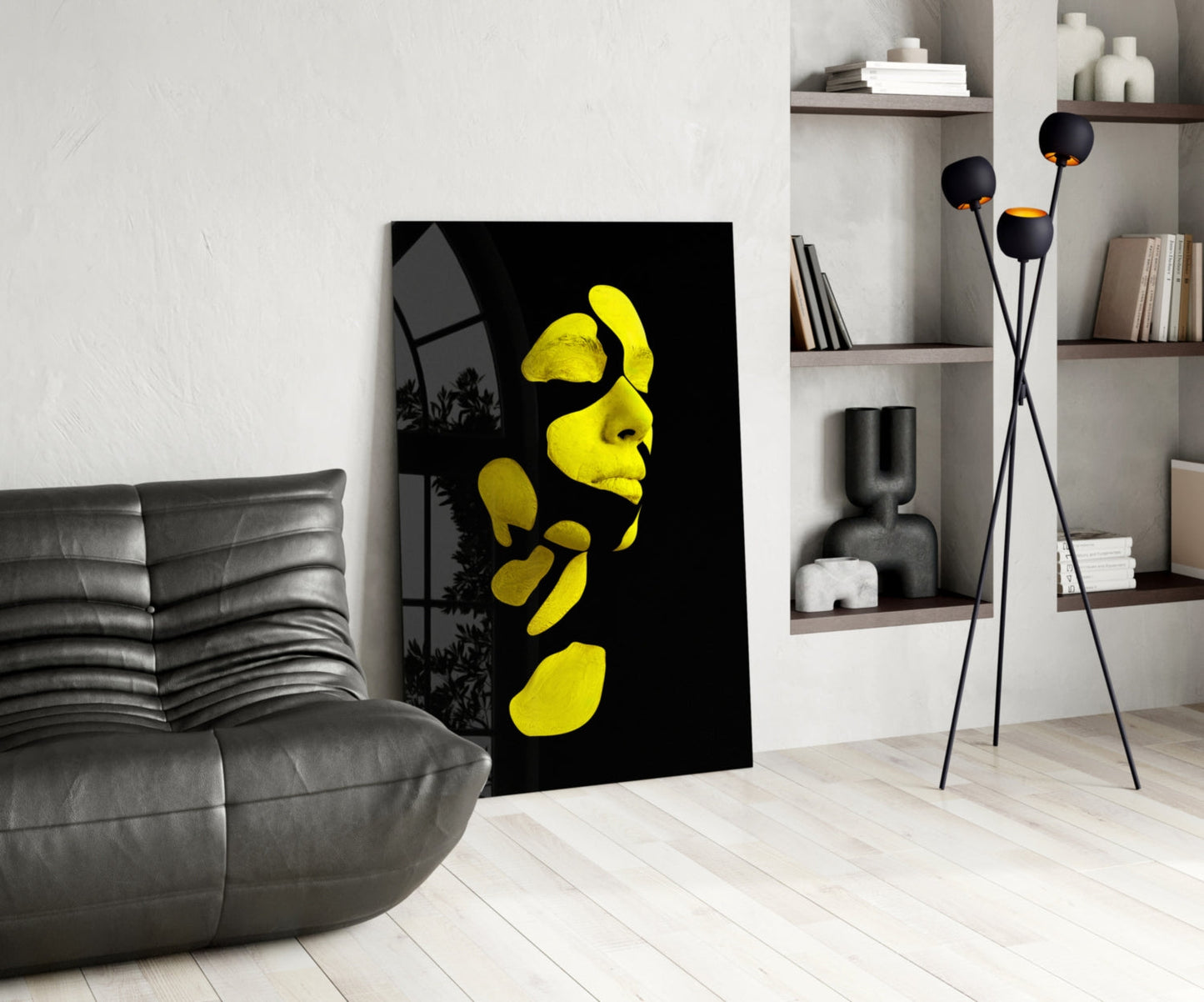 Yellow Fragmented Face on Black Glass Wall Art