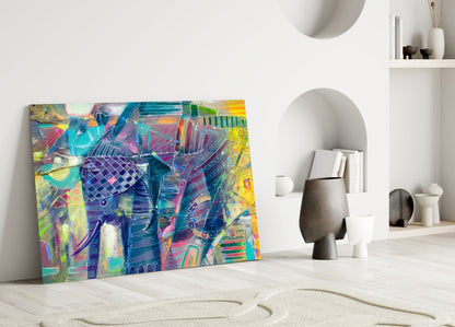 Abstract Cubist Colorful Elephant Glass Wall Art