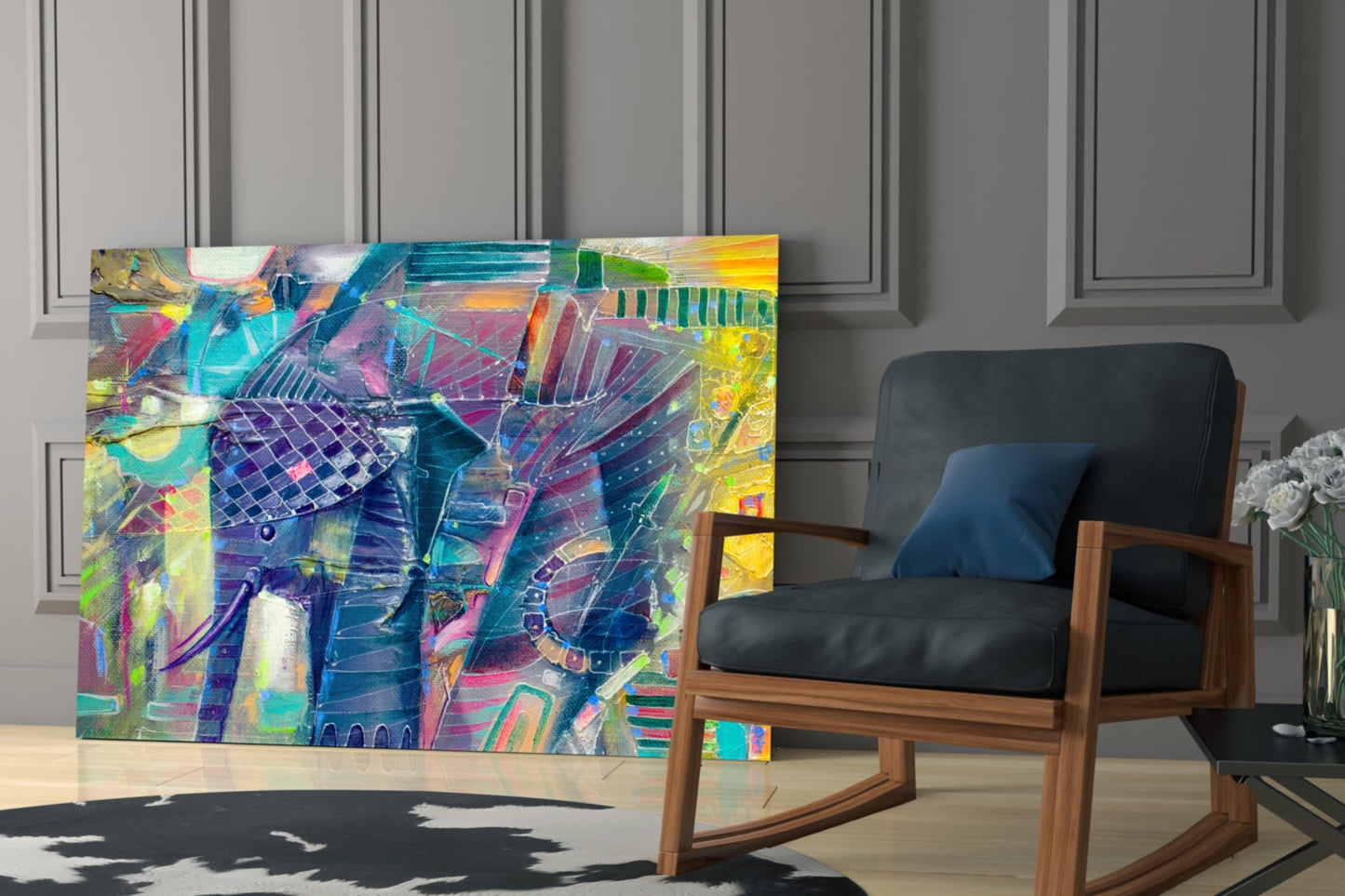 Abstract Cubist Colorful Elephant Glass Wall Art