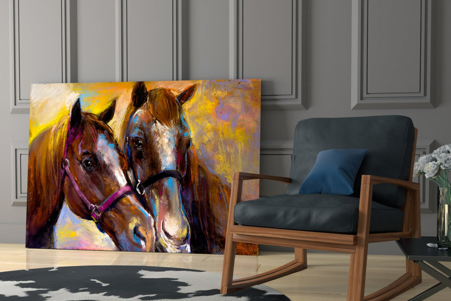 Bridled Horse Pair Golden Paint Glass Wall Art