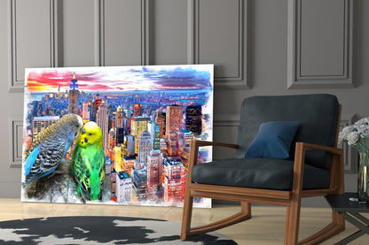 Green and Gray Parakeets City Sunset Glass Wall Art