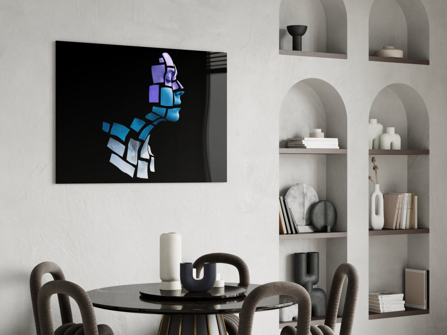 Blue Cube Mosaic Face Profile Glass Wall Art
