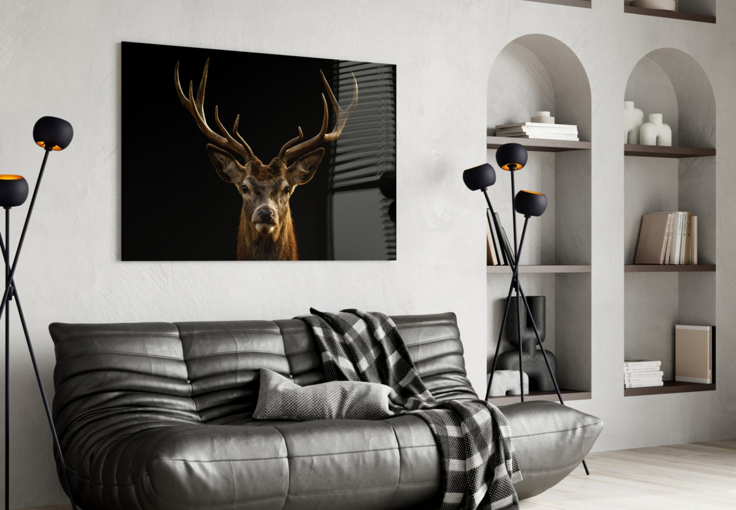 Red Deer Stag on Black Glass Wall Art