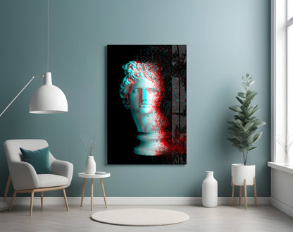 Red Cyan Glitch Apollo Head Glass Wall Art