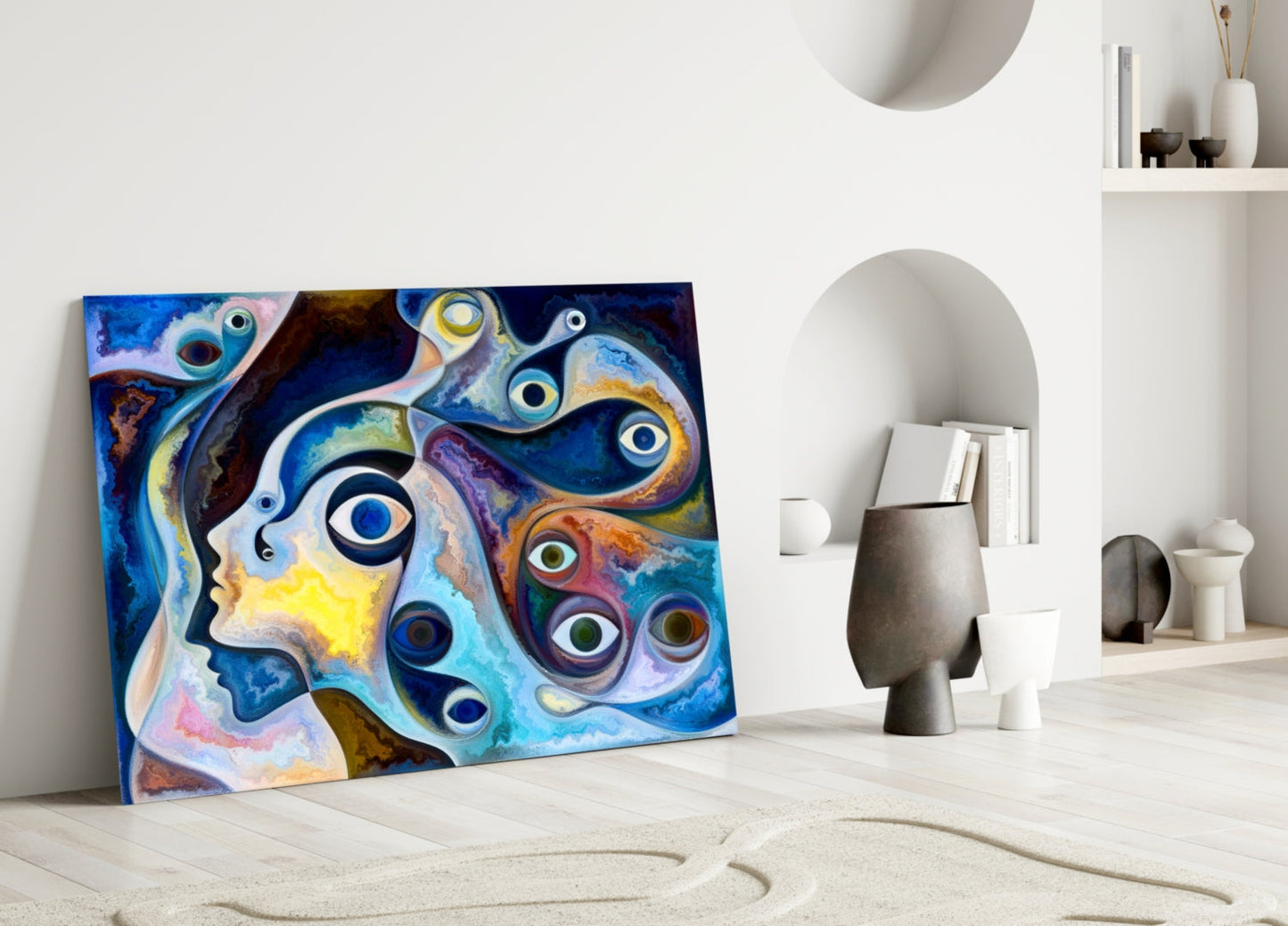 Surreal Blue Faces Eyes Glass Wall Art