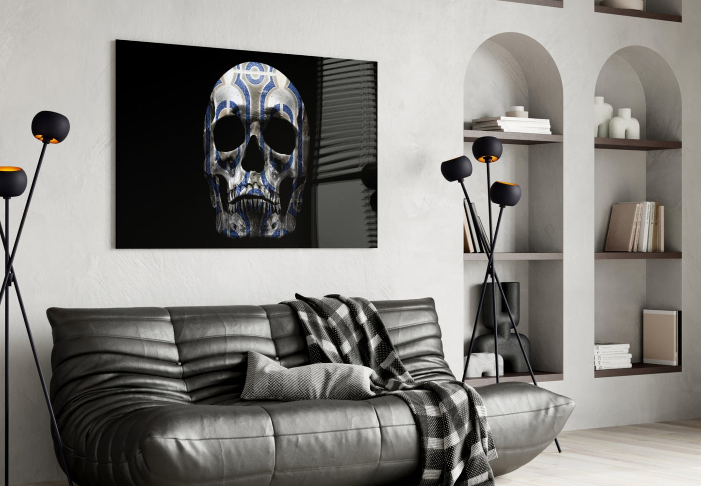 Blue Tribal Pattern Skull Glass Wall Art