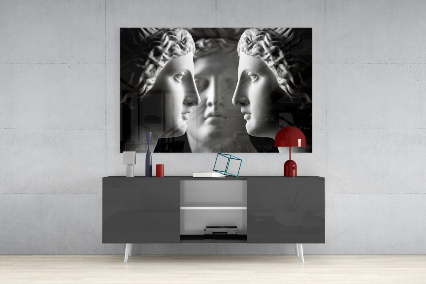 Black and White Mirrored Statue Faces Glass Wall Art