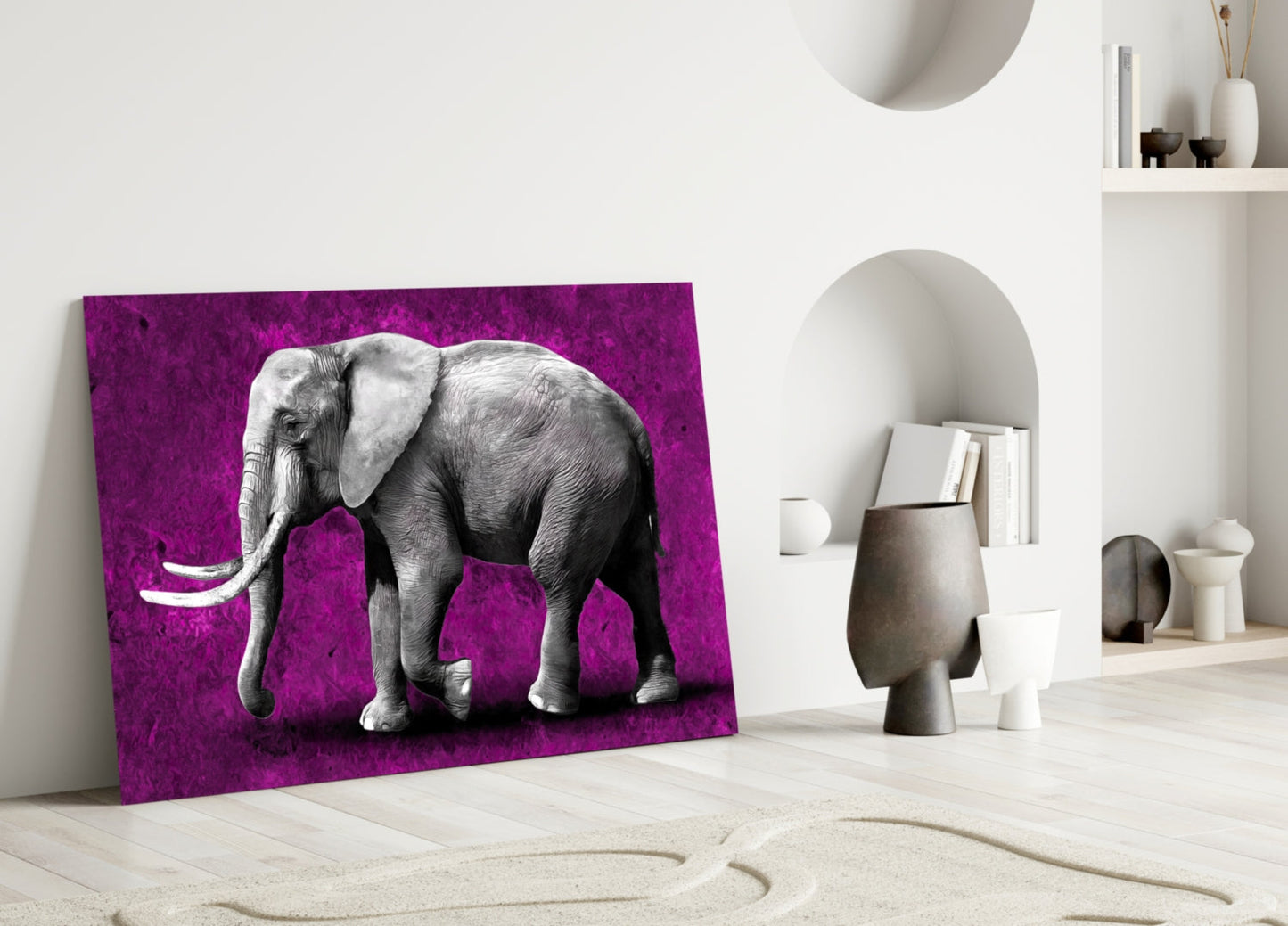 Grayscale Elephant Magenta Backdrop Glass Wall Art