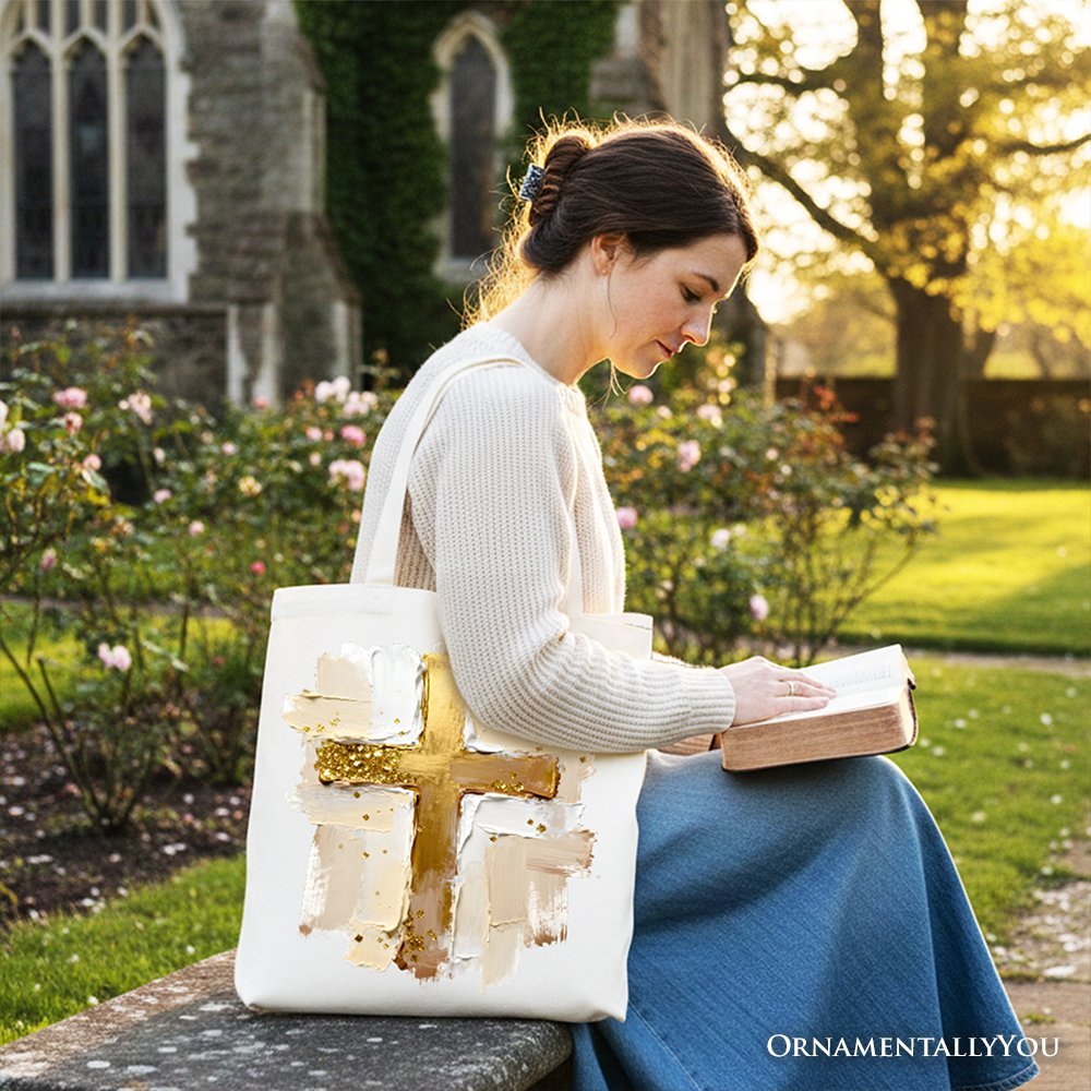 Oil Brushstroke Cross Canvas Tote Bag, Christian Faith Jesus Easter Gift Shopper