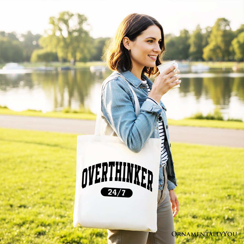 Over Thinker 24/7 Tote Bag, Minimalist Collegiate Gift Shopper for Tired Women - Shaketea