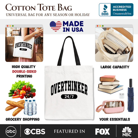 Over Thinker 24/7 Tote Bag, Minimalist Collegiate Gift Shopper for Tired Women