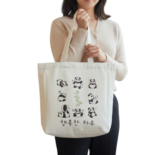 Panda Tote Bag Reusable Eco Flannel Shopping Bag with Zipper Closure