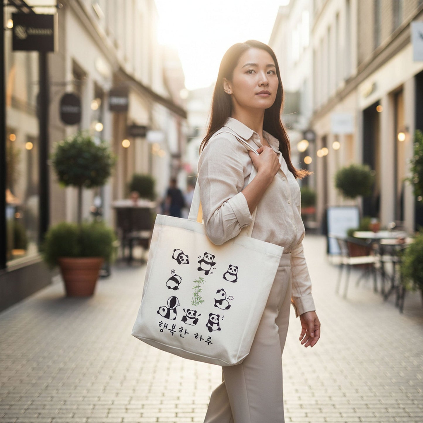 Panda Tote Bag Reusable Eco Flannel Shopping Bag with Zipper Closure