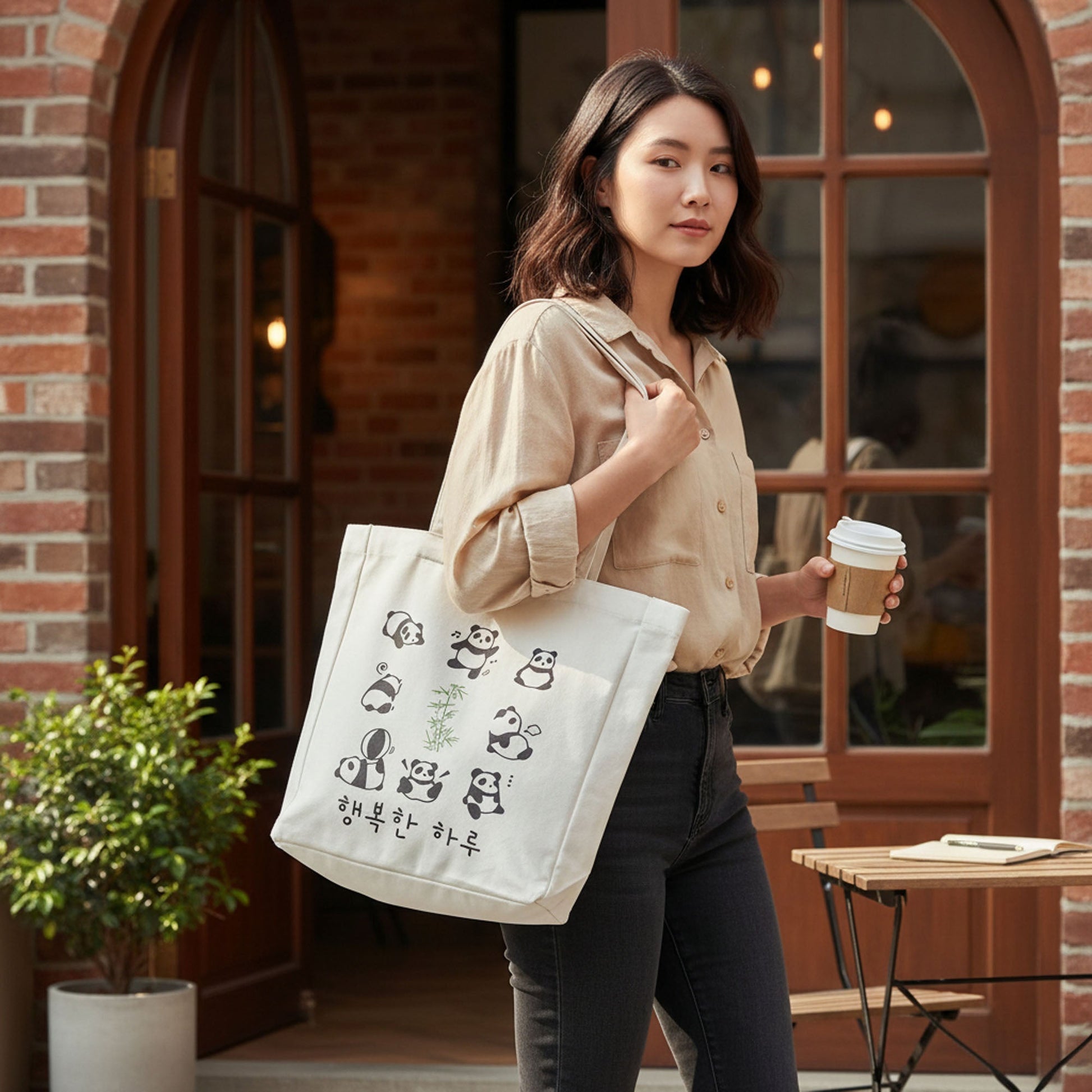 Panda Tote Bag Reusable Eco Flannel Shopping Bag with Zipper Closure