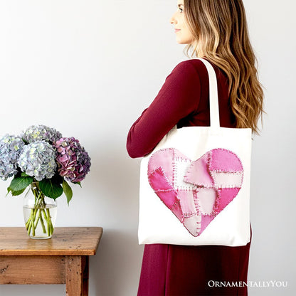 Patchwork-Style Pink Heart Canvas Tote Bag, Vintage Valentine Coquette Love Printed Gift Bag