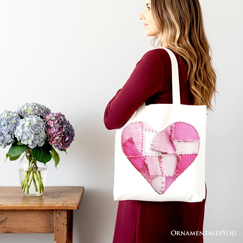 Patchwork-Style Pink Heart Canvas Tote Bag, Vintage Valentine Coquette Love Printed Gift Bag