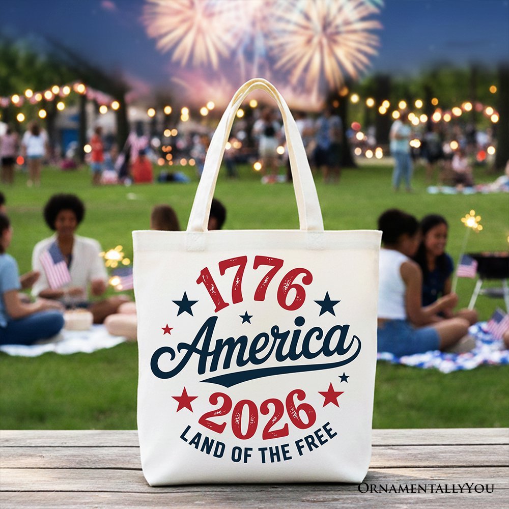 Patriotic America 1776-2026 Land of the Free Canvas Tote Bag, 250 Year Independence Day Celebration Gift