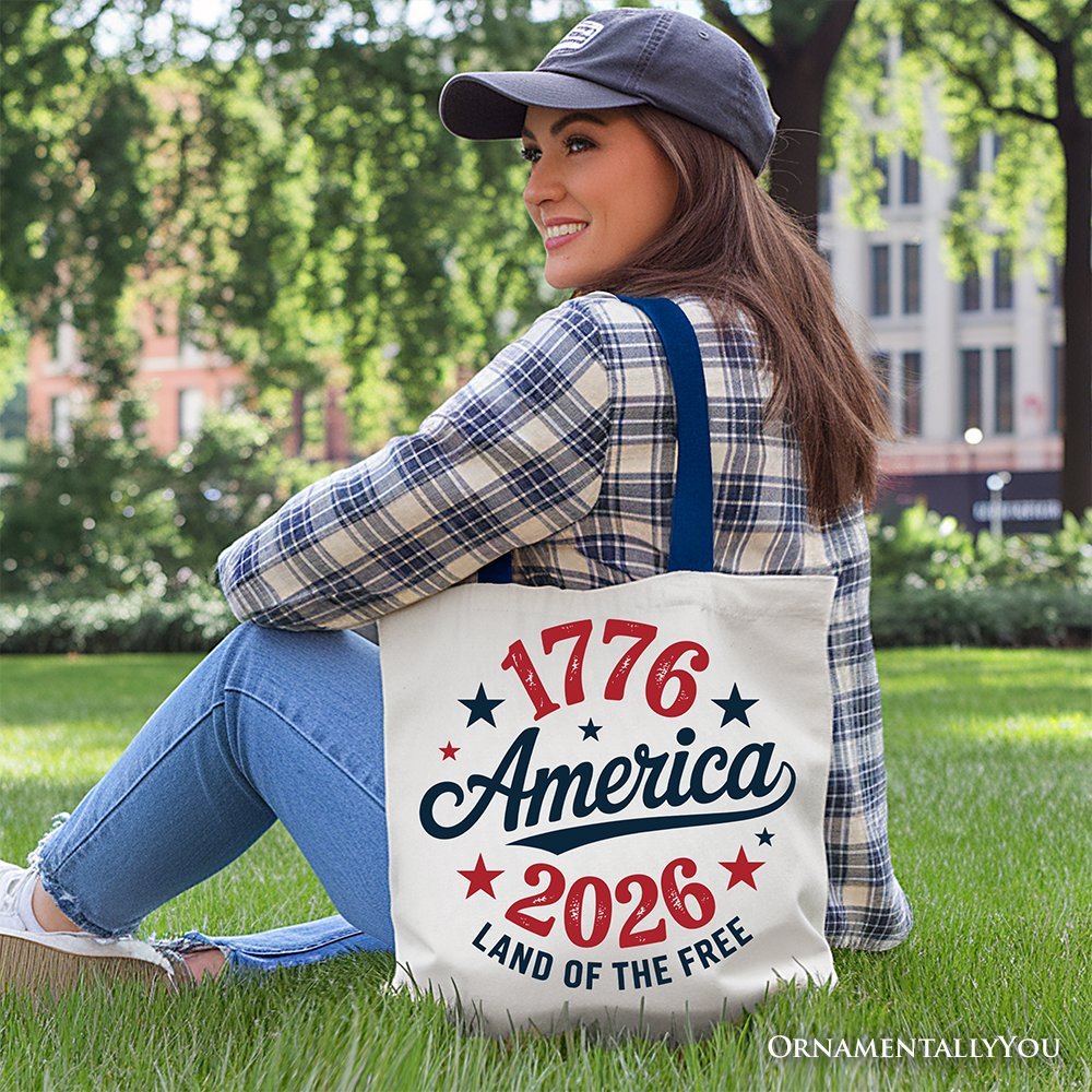 Patriotic America 1776-2026 Land of the Free Canvas Tote Bag, 250 Year Independence Day Celebration Gift