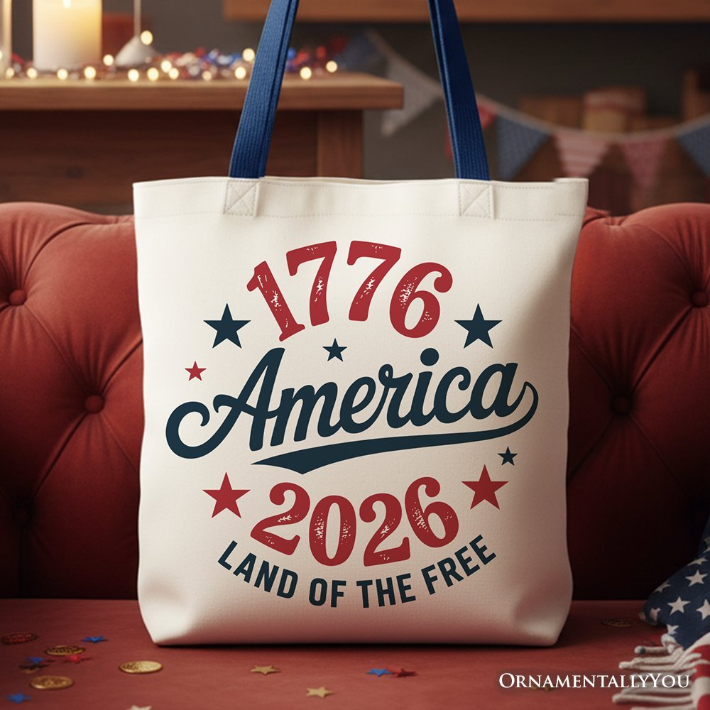 Patriotic America 1776-2026 Land of the Free Canvas Tote Bag, 250 Year Independence Day Celebration Gift