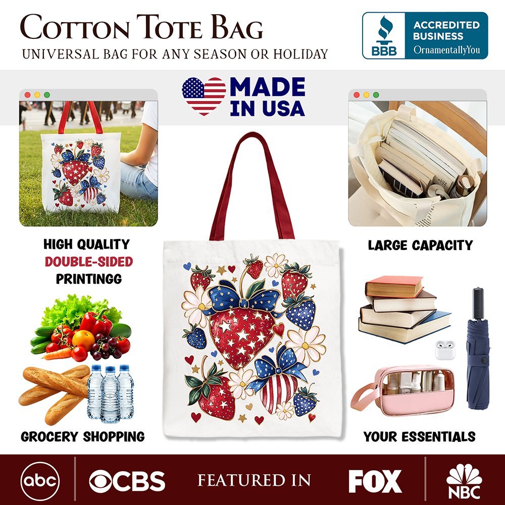 Patriotic Boho Strawberries Bouquet Canvas Tote Bag, 4th of July Festive Patch Gift