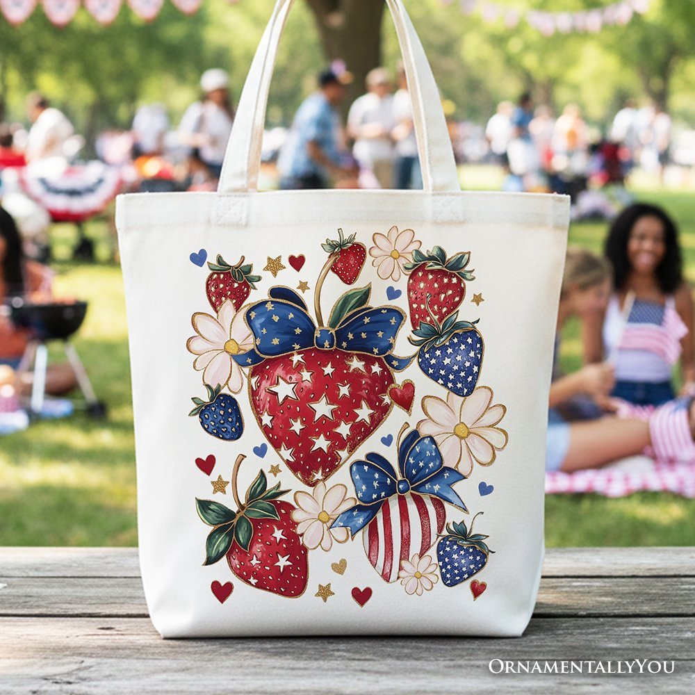 Patriotic Boho Strawberries Bouquet Canvas Tote Bag, 4th of July Festive Patch Gift