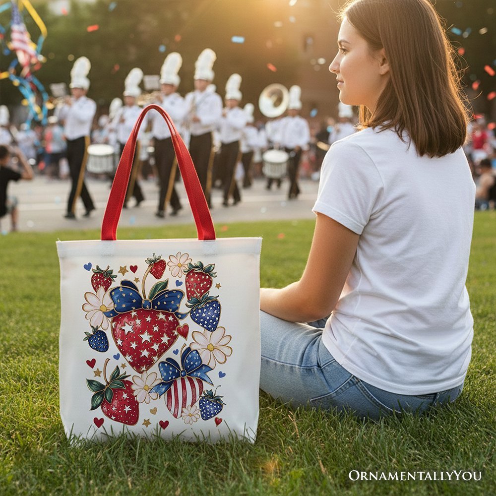 Patriotic Boho Strawberries Bouquet Canvas Tote Bag, 4th of July Festive Patch Gift