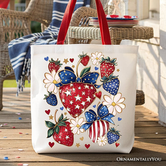 Patriotic Boho Strawberries Bouquet Canvas Tote Bag, 4th of July Festive Patch Gift