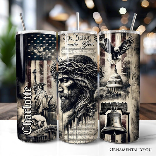 Patriotic Christian 20oz Personalized Tumbler With Lid and Stainless Steel Straw, One Nation Under God Gift Cup