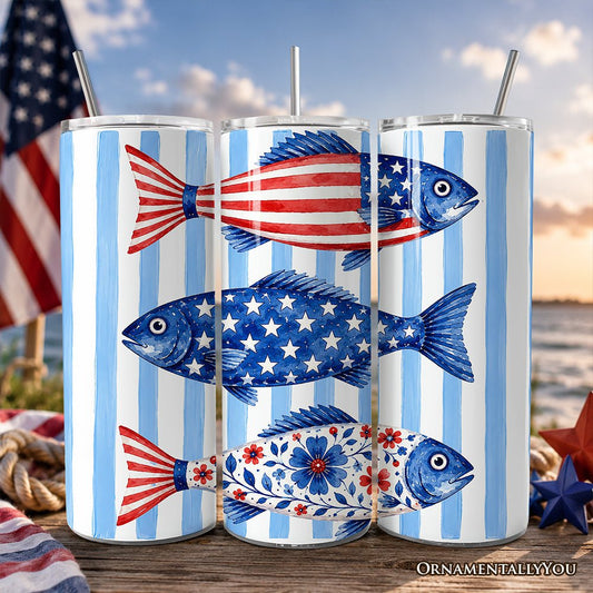 Patriotic Fish Stripe 20oz Personalized Tumbler With Lid and Stainless Steel Straw, 4th of July Angler Gift Cup