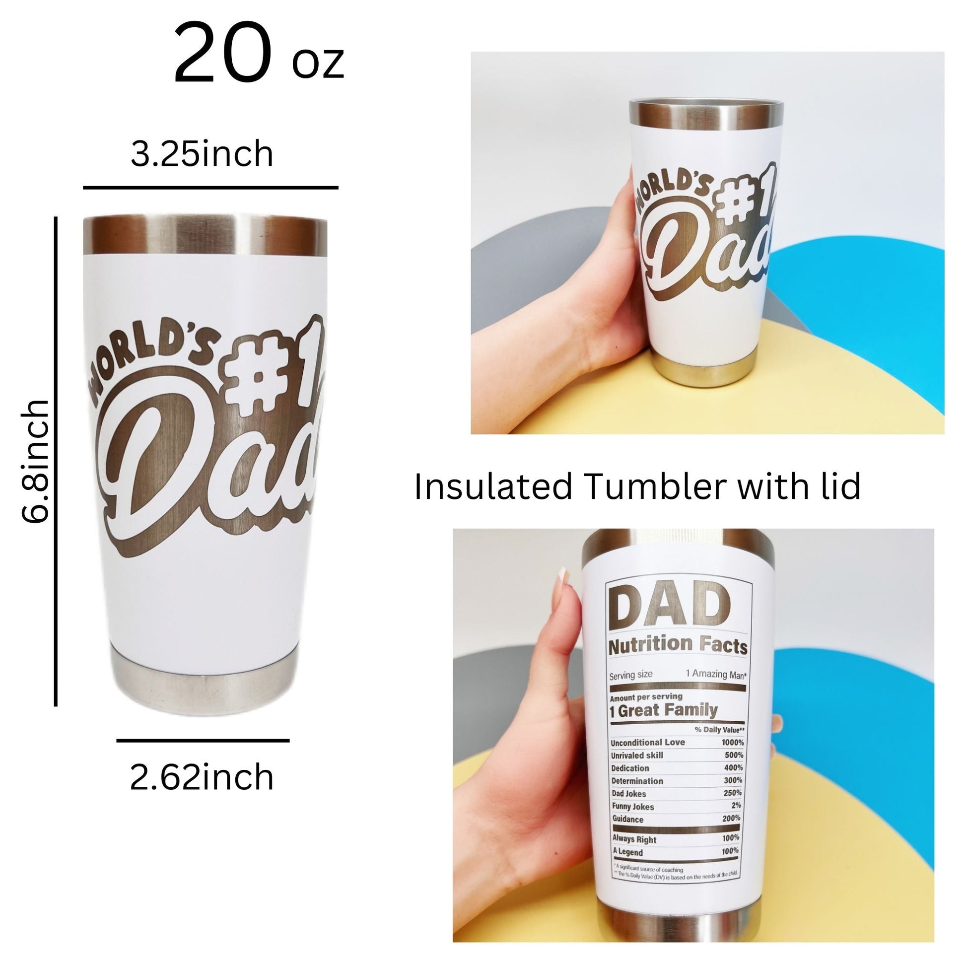 Personalized Engraved Tumblers, Best Dad Ever and Nutrition Fact Twist Birthday Gift for Dad, 20oz Stainless Steel Insulated Custom Coffee Tumbler