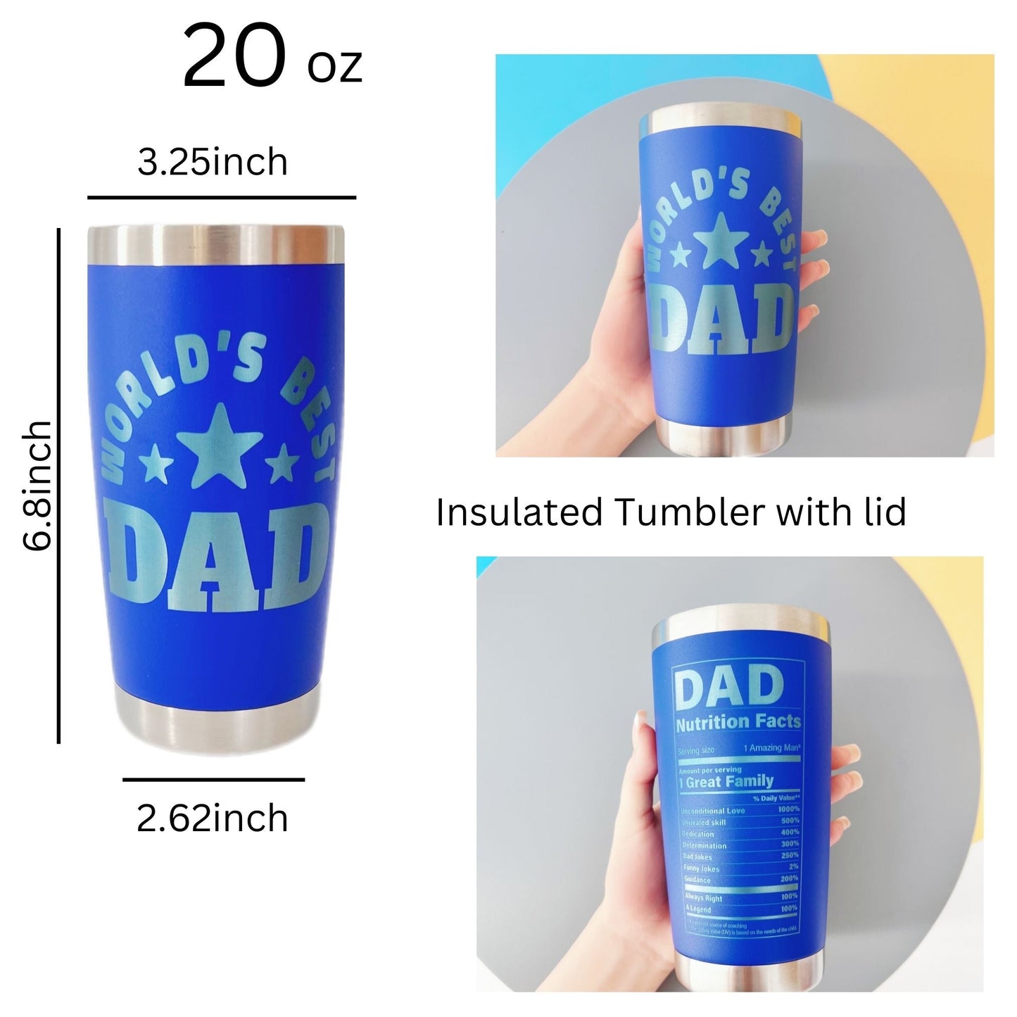 Personalized Engraved Tumblers, Best Dad Ever and Nutrition Fact Twist Birthday Gift for Dad, 20oz Stainless Steel Insulated Custom Coffee Tumbler