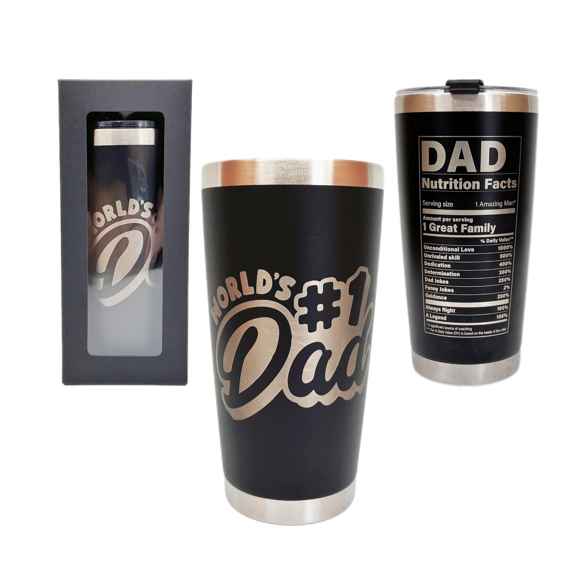 Personalized Engraved Tumblers, Best Dad Ever and Nutrition Fact Twist Birthday Gift for Dad, 20oz Stainless Steel Insulated Custom Coffee Tumbler