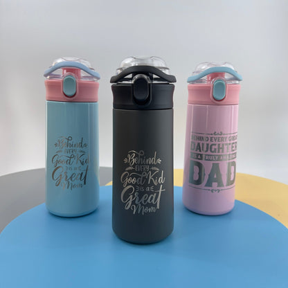 Personalized Kids Water Bottle Best Dad Amazing Mom Laser Engraved Insulated Stainless Steel Tumbler with Straw Handle 16.9 oz