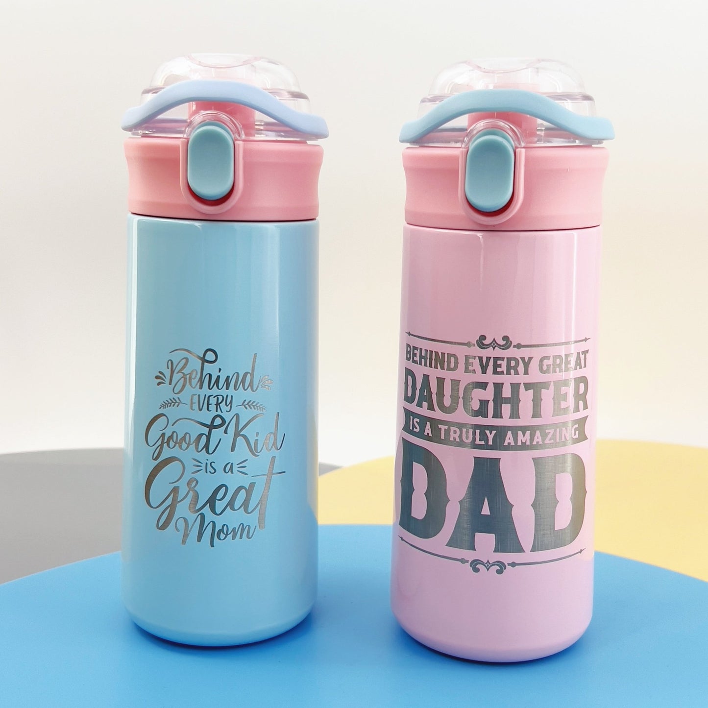 Personalized Kids Water Bottle Best Dad Amazing Mom Laser Engraved Insulated Stainless Steel Tumbler with Straw Handle 16.9 oz